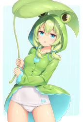 Rule 34 | 1girl, :o, animal hood, animal print, bare legs, blue eyes, braid, frog hood, frog print, frog raincoat, green hair, hair ornament, holding, holding umbrella, hood, hood up, leaf umbrella, looking at viewer, one-piece swimsuit, open mouth, original, rain, raincoat, sasaame, school swimsuit, shiny clothes, simple background, solo, swimsuit, swimsuit under clothes, twin braids, umbrella, water drop, wet, wet clothes, white one-piece swimsuit, white school swimsuit