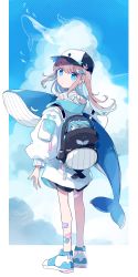 Rule 34 | + +, 1girl, absurdres, backpack, bag, bandaid, bandaid on arm, bandaid on leg, bare shoulders, baseball cap, black hat, blue eyes, blue hair, blue shirt, blue sky, brown hair, chon (chon33v), closed mouth, cloud, cloudy sky, colored inner hair, commentary request, cumulonimbus cloud, day, from behind, hair ornament, hat, highres, jacket, long hair, looking at viewer, looking back, multicolored hair, off shoulder, open clothes, open jacket, original, shirt, shoes, signature, sky, sleeveless, sleeveless shirt, solo, stuffed whale, whale, whale hair ornament, white footwear, white jacket