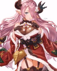 Rule 34 | 1girl, bare shoulders, black gloves, black sash, blue eyes, bow, braid, breasts, brown thighhighs, center opening, cleavage, cowboy shot, crown braid, detached sleeves, draph, dress, fur-trimmed dress, fur-trimmed sleeves, fur trim, garter straps, gloves, granblue fantasy, hair bow, hair ornament, hair over one eye, hand on own chest, highres, holly hair ornament, horns, large breasts, long hair, looking at viewer, low-tied long hair, low tied hair, narmaya (granblue fantasy), narmaya (holiday) (granblue fantasy), pink hair, pointy ears, pom pom (clothes), red dress, red sleeves, santa dress, sash, shi noho, side braid, signature, skin tight, snowman hair ornament, thighhighs, wide sleeves