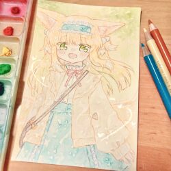 Rule 34 | 1girl, animal ears, arknights, art tools in frame, blonde hair, blue hairband, blue skirt, blush, cardigan, commentary request, fox ears, fox girl, frilled hairband, frills, green eyes, hairband, haru (aona1122), high-waist skirt, highres, long hair, neck ribbon, official alternate costume, open mouth, red ribbon, ribbon, shirt, skirt, solo, suzuran (arknights), suzuran (spring praise) (arknights), traditional media, white shirt, yellow cardigan