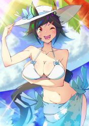 Rule 34 | 1girl, absurdres, alternate costume, animal ears, arm under breasts, bikini, black hair, breasts, cleavage, commentary request, cowboy shot, hat, highres, horse ears, horse girl, horse tail, kinunezu (taishin 315), large breasts, looking at viewer, navel, one eye closed, red eyes, shawl, short hair, smile, solo, sun hat, swimsuit, tail, teeth, umamusume, upper teeth only, white bikini, white hat, winning ticket (umamusume)