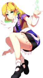 Rule 34 | 1girl, arm warmers, bad id, bad pixiv id, blonde hair, blush, dress, dutch angle, earrings, full body, green eyes, highres, jewelry, looking at viewer, mary janes, mizuhashi parsee, nanahi toshi, panties, pantyshot, pointy ears, sash, scarf, shirt, shoes, short hair, short sleeves, simple background, smile, socks, solo, touhou, underwear, white background, white socks