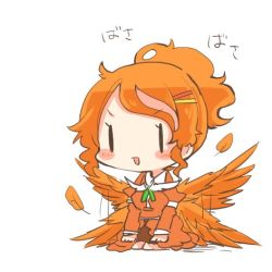 Rule 34 | 10s, 1girl, aquila (kancolle), bird wings, blush, chibi, feathered wings, flapping, hair ornament, hairclip, kantai collection, lowres, open mouth, orange hair, rebecca (keinelove), seiza, sitting, solo, wings