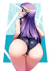 Rule 34 | 1girl, ass, bare shoulders, black one-piece swimsuit, blush, breasts, female focus, ishimiso (ishimura), large breasts, looking at viewer, one-piece swimsuit, patchouli knowledge, purple eyes, purple hair, school swimsuit, solo, swimsuit, touhou