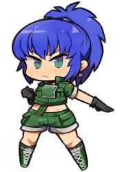 Rule 34 | 1girl, blue hair, boots, chibi, earrings, full body, gloves, ibara., jewelry, leona heidern, midriff, ponytail, snk, solo, the king of fighters, tsurime