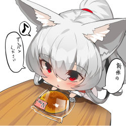 Rule 34 | 1girl, animal ear fluff, animal ears, blush, bread, commentary request, eighth note, food, fox ears, fox girl, fox tail, hair between eyes, highres, japanese clothes, kimono, long hair, long sleeves, musical note, original, parted lips, ponytail, red eyes, simple background, solo, spoken musical note, tail, translation request, very long hair, white background, white kimono, wide sleeves, yuuji (yukimimi)