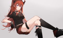 Rule 34 | 1girl, absurdres, arknights, arm rest, black collar, black footwear, black gloves, black shirt, black socks, collar, commentary, cross, cross necklace, demon horns, gemi 25, gloves, grey background, hair between eyes, highres, horns, jewelry, long hair, looking at viewer, necklace, official alternate costume, purple eyes, red hair, red skirt, shirt, simple background, sitting, skirt, socks, solo, surtr (arknights), surtr (liberte echec) (arknights), thigh strap