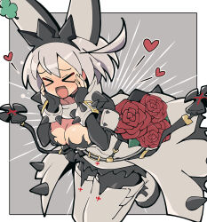 Rule 34 | &gt; &lt;, 1girl, ahoge, black gloves, blush, bouquet, bracelet, breasts, cleavage, cleavage cutout, clothing cutout, clover, collar, elphelt valentine, fingerless gloves, flower, four-leaf clover, gloves, guilty gear, guilty gear xrd, hairband, highres, holding, holding bouquet, huge ahoge, itsuka neru, jewelry, large breasts, long sleeves, medium hair, open mouth, red flower, red rose, rose, smile, spiked bracelet, spiked collar, spiked hairband, spikes