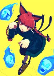 Rule 34 | 1girl, animal ears, bad id, bad twitter id, blush, bow, braid, cat ears, dress, fang, flaming skull, kaenbyou rin, kuzudon, looking at viewer, multiple tails, open mouth, pantyhose, paw pose, red eyes, red hair, simple background, skull, slit pupils, tail, touhou, twin braids, two tails, yellow background