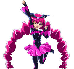Rule 34 | 10s, 1girl, ;p, arm up, bad end happy, bad end precure, black bodysuit, bodysuit, covered navel, dress, fingerless gloves, gloves, long hair, one eye closed, pink dress, pink eyes, pink hair, pink skirt, precure, sinko (sinsin), skirt, smile precure!, solo, standing, standing on one leg, tongue, tongue out, twintails, white background, wink