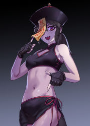 Rule 34 | 1girl, chinese clothes, crop top, fingerless gloves, gloves, halloween costume, hat, highres, jiangshi, midriff, navel, ofuda, open mouth, original, qingdai guanmao, red eyes, revealing clothes, short hair, side-tie skirt, solo, stomach, yan (situyan0303)