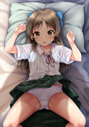 Rule 34 | 1girl, arm up, bed sheet, blue camisole, bow, bow panties, brown eyes, brown hair, camisole, clothes lift, collared shirt, commentary request, dress shirt, feet out of frame, flo (guilty hearts), green skirt, hand up, highres, idolmaster, idolmaster cinderella girls, long hair, looking at viewer, lying, neck ribbon, on back, open mouth, panties, pillow, pleated skirt, red ribbon, ribbon, school uniform, shadow, shirt, skirt, skirt lift, solo, spread legs, tachibana arisu, underwear, very long hair, white panties, white shirt