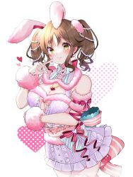 Rule 34 | 1girl, animal ears, arm ribbon, back bow, blush, bow, breasts, cleavage, cleavage cutout, clothing cutout, gloves, heart, heart necklace, highres, idolmaster, idolmaster cinderella girls, jewelry, large breasts, long hair, looking at viewer, navel, necklace, pink gloves, pom pom (clothes), rabbit ears, ribbon, shirt, simple background, skirt, smile, solo, totoki airi, twintails, very long hair, white shirt, white skirt, yellow eyes, yuanagae