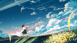Rule 34 | 1girl, absurdres, bird, black footwear, black skirt, blue sky, blurry, blurry foreground, boots, bouquet, clear sky, cloud, cloudy sky, collared shirt, commentary request, crescent moon, day, dutch angle, falling feathers, feathers, field, flower, from behind, grass, highres, holding, holding bouquet, horizon, looking away, moon, mountain, original, plaid, plaid skirt, red hair, scenery, school uniform, shirt, short hair, shuu illust, skirt, sky, solo, standing, sunlight, white shirt