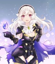 Rule 34 | 1girl, armor, black armor, black hairband, breasts, cape, cleavage, corrin (female) (fire emblem), corrin (fire emblem), fire emblem, fire emblem fates, hairband, highres, long hair, looking at viewer, medium breasts, nintendo, open mouth, pink eyes, puni y y, smile, solo, stone, thighs, torn cape, torn clothes, white hair