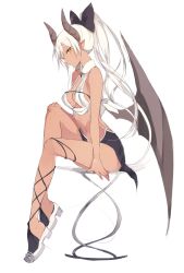 Rule 34 | 1girl, arm at side, bad id, bad tumblr id, bare arms, bare shoulders, black skirt, bow, breasts, cleavage, dark-skinned female, dark skin, demon girl, demon horns, demon wings, from side, full body, hair bow, hand on own knee, high heels, horns, leg up, long hair, looking at viewer, looking to the side, lpip, navel, no socks, on table, original, plantar flexion, pointy ears, ponytail, revealing clothes, simple background, sitting, skirt, solo, stomach, table, very long hair, white background, white hair, wings, yellow eyes