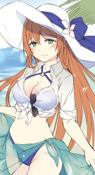 Rule 34 | 1girl, bikini, blue bikini, blue bow, blush, bow, breasts, brown hair, cleavage, closed mouth, crop top, day, eyewear hang, flower, girls&#039; frontline, green eyes, hair between eyes, hat, hat bow, jin young-in, large breasts, long hair, o-ring, o-ring bikini, o-ring top, official alternate costume, outdoors, sarong, shirt, sleeves rolled up, smile, solo, springfield (girls&#039; frontline), springfield (stirring mermaid) (girls&#039; frontline), sun hat, sunglasses, swimsuit, tied shirt, unworn eyewear, very long hair, water, white flower, white hat, white shirt