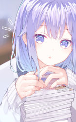 Rule 34 | 1girl, :o, azur lane, blurry, book, book stack, cardigan, close-up, commentary request, depth of field, eye focus, eyes visible through hair, fingernails, hair between eyes, highres, long hair, long sleeves, looking at viewer, manga (object), notice lines, parted lips, purple eyes, purple hair, revision, sidelocks, solo, unicorn (azur lane), unicorn (long-awaited date) (azur lane), white cardigan, zuu (qq770463651)
