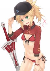 Rule 34 | 1girl, :d, arm up, artoria pendragon (fate), baseball cap, bikini, black hat, black ribbon, braid, breasts, clarent (fate), commentary request, cosplay, cowboy shot, dan (kumadan), dated, fate/grand order, fate (series), french braid, front-tie bikini top, front-tie top, gluteal fold, green eyes, hand on headwear, hand on own thigh, hat, head tilt, long hair, long sleeves, looking at viewer, mordred (fate), mordred (fate/apocrypha), mysterious heroine xx (fate), mysterious heroine xx (fate) (cosplay), navel, open mouth, parted bangs, red bikini, ribbon, shrug (clothing), side-tie bikini bottom, sidelocks, simple background, small breasts, smile, solo, sparkle, stomach, string bikini, swimsuit, sword, teeth, thighs, underboob, weapon, white background, wristband, zipper, zipper pull tab