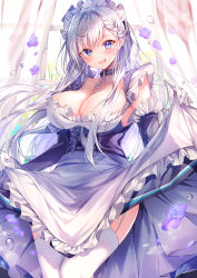 Rule 34 | 1girl, :d, absurdres, apron, apron hold, azur lane, bare shoulders, belfast (azur lane), black choker, blue eyes, braid, breasts, chain, choker, cleavage, commentary, cowboy shot, curtains, elbow gloves, flower, garter straps, gloves, head tilt, highres, indoors, large breasts, long hair, looking at viewer, maid headdress, nenobi (nenorium), open mouth, purple flower, smile, solo, standing, thighhighs, very long hair, waist apron, white apron, white gloves, white hair, white thighhighs, window