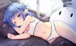 Rule 34 | 1girl, ;o, bed, blue eyes, blue hair, blush, bow, bow panties, bra, commentary request, commission, day, detached wings, flat chest, highres, indoors, looking at viewer, lying, on side, one eye closed, original, panties, parted lips, pillow, pointy ears, sakuraba hikaru (loveindog), signature, skeb commission, solo, stuffed animal, stuffed rabbit, stuffed toy, transparent wings, underwear, underwear only, white bra, white panties, window, wings
