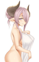 Rule 34 | 1girl, breasts, covering privates, cowboy shot, draph, from side, granblue fantasy, hair over one eye, horns, lang (chikage36), large breasts, looking at viewer, narmaya (granblue fantasy), nude, nude cover, one eye covered, pointy ears, purple eyes, purple hair, simple background, smile, solo, towel, updo, white background, white towel