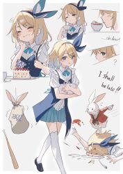 Rule 34 | 1girl, :t, alice (alice in wonderland), alice in wonderland, animal, baseball bat, blonde hair, blue eyes, blue footwear, blue hairband, cake, cake slice, collared shirt, cup, eat me, eating, english text, food, fork, hairband, highres, holding, holding fork, multiple views, one eye closed, pastry box, plate, pleated skirt, pocket watch, rabbit, sack, shirt, short sleeves, skirt, spilling, standing on person, teacup, thighhighs, wakuseiy, walking, watch, white rabbit (alice in wonderland), white shirt, white thighhighs