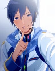 Rule 34 | 1boy, blue eyes, blue hair, blue nails, closed mouth, coat, finger to mouth, hair between eyes, index finger raised, kaito (vocaloid), long sleeves, looking at viewer, male focus, nail polish, nokuhashi, shushing, smile, solo, vocaloid, white coat
