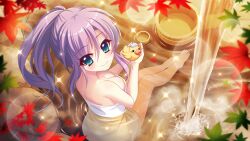 Rule 34 | 1girl, autumn leaves, blue eyes, blurry, blurry foreground, breasts, bucket, cleavage, closed mouth, dot nose, downblouse, film grain, from above, from behind, game cg, high ponytail, holding, izumi tsubasu, lens flare, long hair, looking at viewer, medium breasts, naked towel, non-web source, official art, partially submerged, purple hair, re:stage!, rock, rubber duck, sidelocks, sitting, smile, solo, sparkle, towel, tsukisaka sayu, white towel, wooden bucket