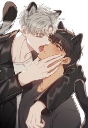 Rule 34 | 2boys, absurdres, animal ears, arm hug, black hair, black shirt, blush, cat ears, cat tail, highres, ilay riegrow, jeong taeui, licking, licking another&#039;s face, licking another&#039;s lips, male focus, multiple boys, o ssion, one eye closed, open clothes, passion (manhwa), shirt, simple background, tail, white background, white hair, white shirt, yaoi
