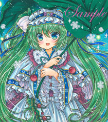 Rule 34 | 1girl, :d, blue eyes, blue hairband, capelet, cherry, cowboy shot, flower, food, frilled capelet, frilled hairband, frilled shirt, frilled sleeves, frills, fruit, green hair, hair between eyes, hair flower, hair ornament, hairband, hatsune miku, holding, holding umbrella, leaf umbrella, long hair, long sleeves, looking at viewer, marker (medium), open mouth, print capelet, rui (sugar3), sample watermark, shirt, skirt, smile, snowbell (flower), snowflake print, snowflakes, solo, traditional media, umbrella, very long hair, vocaloid, watermark, white capelet, white shirt, white skirt, wide sleeves, yuki miku, yuki miku (2015)