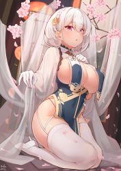 Rule 34 | 1girl, absurdres, asla yu, azur lane, between breasts, blush, braid, branch, breast curtains, breasts, china dress, chinese clothes, cleavage, commentary request, covered erect nipples, covered navel, dated, dress, flower, french braid, garter straps, gloves, hair between eyes, hair flower, hair ornament, hand on own chest, high heels, highres, large breasts, looking at viewer, pelvic curtain, red eyes, revealing clothes, short hair, side braid, signature, sirius (azur lane), sirius (azure horizons) (azur lane), sitting, skindentation, solo, thighhighs, thighs, white footwear, white gloves, white hair, white thighhighs