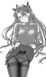 Rule 34 | 1girl, blush, breasts, clothes lift, fate/stay night, fate (series), greyscale, highres, lifted by self, long hair, looking at viewer, monochrome, panties, panties under pantyhose, pantyhose, ryudraw, simple background, sketch, skirt, skirt lift, smile, solo, thighband pantyhose, tohsaka rin, two side up, underwear, white background
