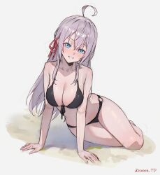 Rule 34 | 1girl, absurdres, ahoge, alisa mikhailovna kujou, arm support, artist name, bare arms, bare shoulders, bikini, black bikini, blue eyes, blush, breasts, cleavage, collarbone, commentary request, grey background, grey hair, hair ribbon, highres, large breasts, looking at viewer, multiple views, red ribbon, ribbon, seiza, simple background, sitting, smile, solo, sooon, swimsuit, thighs, tokidoki bosotto roshia-go de dereru tonari no arya-san