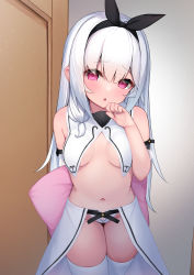 Rule 34 | 1girl, absurdres, arm behind back, bare arms, bare shoulders, black hairband, black ribbon, blush, breasts, commentary request, hair between eyes, hair ribbon, hairband, hand up, hashiko nowoto, highres, holding, holding pillow, long hair, looking at viewer, original, pillow, purple eyes, revealing clothes, ribbon, small breasts, solo, underboob, very long hair, white hair