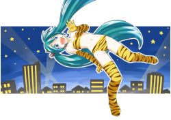 Rule 34 | 1girl, animal print, bikini, blue eyes, cosplay, elbow gloves, gloves, hatsune miku, letterboxed, long hair, looking at viewer, lum, lum (cosplay), open mouth, outside border, solo, swimsuit, tewarusa, thighhighs, tiger print, twintails, urusei yatsura, very long hair, vocaloid