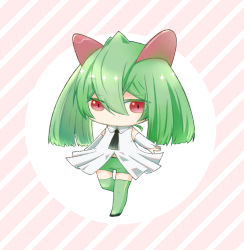 Rule 34 | 1girl, arm at side, bad id, bad pixiv id, black footwear, black neckerchief, chibi, closed mouth, collared dress, creatures (company), detached sleeves, dress, expressionless, female focus, flat chest, full body, game freak, gen 3 pokemon, green hair, green shorts, green thighhighs, hair between eyes, half-closed eyes, highres, humanization, kirlia, leg up, long hair, looking at viewer, neckerchief, nintendo, okaka (pixiv 76094340), pink background, pokemon, red eyes, shoes, short dress, short shorts, shorts, sidelocks, sleeveless, sleeveless dress, solo, standing, standing on one leg, striped, striped background, thighhighs, vocaloid, white dress, white sleeves
