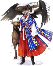 Rule 34 | 1boy, animal, animal on shoulder, antlers, armor, artist request, bird, bird on shoulder, check commentary, commentary request, condor, dark skin, deer, deer antlers, feathers, horns, japanese armor, japanese clothes, katana, long hair, male focus, petting, samurai, sheath, sheathed, snow, sword, tagme, transparent background, weapon, white hair, world flags