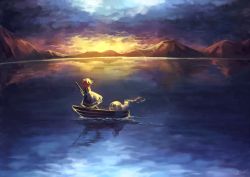 Rule 34 | 1girl, blue dress, boat, cloud, cloudy sky, different reflection, dress, ghost, hair bobbles, hair ornament, koto inari, mountain, onozuka komachi, red hair, reflection, river, sanzu river, scythe, sky, sunset, touhou, water, when you see it
