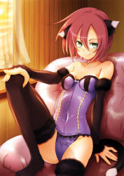Rule 34 | 1girl, animal ears, bare shoulders, black thighhighs, breasts, cat ears, cat tail, corset, couch, detached sleeves, elbow gloves, fur, fur trim, gloves, green eyes, hisasi, leg lift, lingerie, naughty face, panties, red hair, short hair, sitting, small breasts, smile, socks, solo, source request, tail, thighhighs, underwear