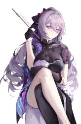 Rule 34 | 1girl, absurdres, blush, breasts, bronya zaychik, bronya zaychik (silverwing: n-ex), chinese clothes, crossed legs, drill hair, grey eyes, grey hair, hair between eyes, highres, honkai (series), honkai impact 3rd, large breasts, light smile, long hair, looking at viewer, official alternate costume, pink pupils, smoking pipe, solo, thighs, tutou jiang, twin drills, white background
