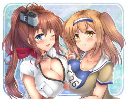 Rule 34 | 10s, 2girls, :3, asymmetrical docking, blue eyes, breast pocket, breast press, breasts, brown eyes, brown hair, cleavage, dress, hair between eyes, hairband, i-26 (kancolle), kantai collection, large breasts, light brown hair, long hair, multiple girls, name tag, new school swimsuit, old school swimsuit, one eye closed, open clothes, open dress, piyobomu, pocket, ponytail, sailor collar, saratoga (kancolle), school swimsuit, short sleeves, side ponytail, sidelocks, swimsuit, two-tone hairband, two side up, v, white dress, yellow eyes