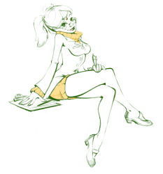 Rule 34 | 1girl, adventure time, aufreizen, bare legs, breasts, circlet, clipboard, doctor, doctor princess, dress, forehead jewel, freckles, glasses, jacket, crossed legs, lips, lipstick, makeup, mary janes, partially colored, pen, shoes, short twintails, sitting, solo, sweater, sweater dress, turtleneck, twintails