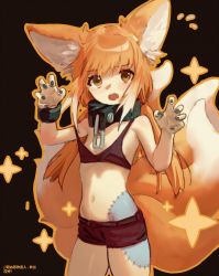 Rule 34 | 1girl, alternate hairstyle, animal ears, arknights, artist name, black background, bra, breasts, chain, character name, claw pose, cowboy shot, cuffs, fox ears, fox girl, fox tail, green nails, halloween costume, highres, long hair, looking at viewer, midriff, nail polish, navel, open mouth, orange hair, red bra, red shorts, shackles, shorts, simple background, small breasts, solo, songchuan li, sparkle, strap slip, suzuran (arknights), tail, tearing up, underwear, yellow eyes