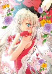 Rule 34 | 1girl, 2018, artist name, blue eyes, closed mouth, colored eyelashes, fate/grand order, fate (series), floral background, flower, frills, gloves, hat, leaf, long hair, looking at viewer, marie antoinette (fate), no nose, purple flower, purple rose, red gloves, red hat, red shirt, rose, sheepd, shirt, sleeveless, sleeveless shirt, solo, twitter username, upper body, white hair