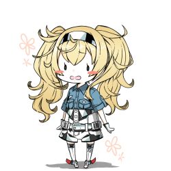 Rule 34 | 1girl, belt, belt buckle, blonde hair, blue shirt, blush stickers, breast pocket, buckle, buttons, chimaki., full body, gambier bay (kancolle), gloves, kantai collection, long hair, multicolored clothes, multicolored gloves, open mouth, pocket, shadow, shirt, short sleeves, shorts, simple background, solo, standing, twintails, white background, white shorts