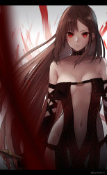 Rule 34 | 1girl, artist name, bad id, bad pixiv id, bare shoulders, black collar, black dress, black gloves, blurry, blurry foreground, breasts, brown hair, center opening, choker, collar, collarbone, depth of field, dress, ear piercing, elbow gloves, expressionless, fate/grand order, fate (series), gloves, harukana (harukana 10), letterboxed, long hair, looking at viewer, medium breasts, navel, piercing, red eyes, revealing clothes, revision, solo, strapless, strapless dress, sword, very long hair, weapon, wind, yu mei-ren (fate)