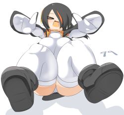 Rule 34 | &gt; &lt;, 1girl, bird tail, black footwear, black hair, blush, boots, breasts, closed eyes, commentary request, emperor penguin (kemono friends), falling, full body, hair between eyes, hair over one eye, headphones, highres, kemono friends, large breasts, lets0020, long bangs, multicolored hair, numbered, one-piece swimsuit, open mouth, orange hair, reaching, reaching towards viewer, shoe soles, short hair, simple background, solo, streaked hair, swimsuit, tail, thighhighs, white background, white one-piece swimsuit, white thighhighs