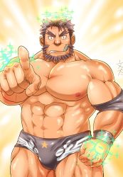 Rule 34 | 1boy, abs, bara, bare pectorals, beard, brown hair, bulge, bunta ru, cigar, ded (housamo), facial hair, halo, highres, large pectorals, looking at viewer, male focus, muscular, muscular male, nipples, pectorals, pointing, pointing at viewer, short hair, solo, stomach, thick thighs, thighs, tokyo houkago summoners, wrestling outfit