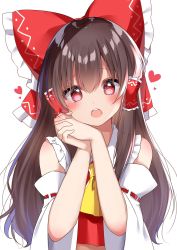 Rule 34 | 1girl, ascot, bad id, bad twitter id, blush, bow, brown hair, chestnut mouth, commentary, detached sleeves, frills, hair between eyes, hair bow, hair tubes, hakurei reimu, hand on own cheek, hand on own face, heart, heart-shaped pupils, highres, long hair, looking at viewer, open mouth, own hands clasped, own hands together, red bow, red eyes, red vest, ribbon-trimmed sleeves, ribbon trim, shinonome asu, sidelocks, simple background, solo, symbol-shaped pupils, teeth, touhou, upper body, upper teeth only, vest, white background, wide sleeves, yellow ascot